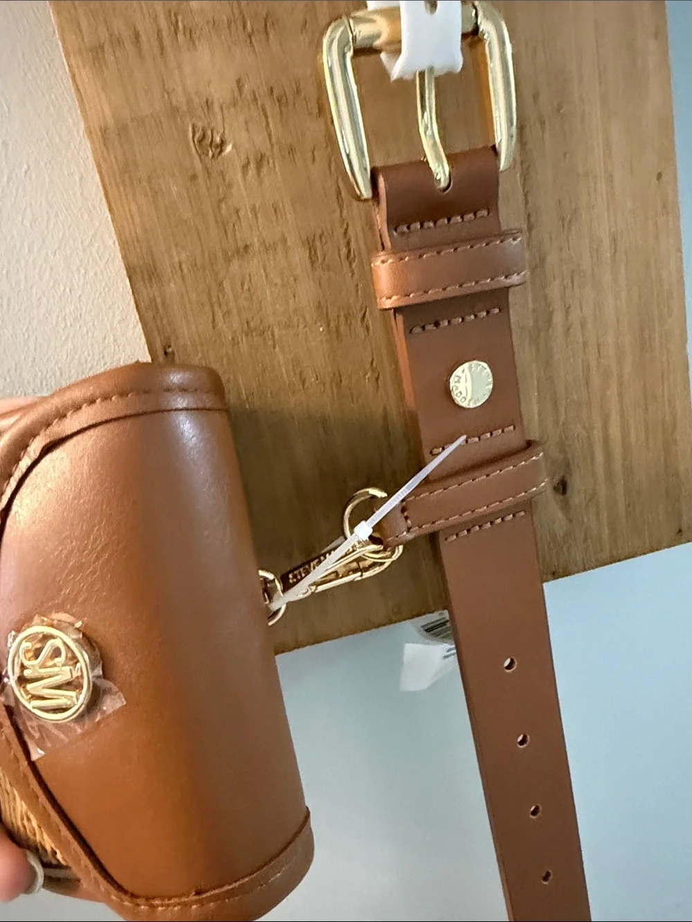 Steve Madden Tan and Brown Leather Belt Bag with Woven Front Pouch